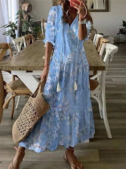 Luna effortless boho A-line dress with V-neckline, lantern sleeves and geometric print