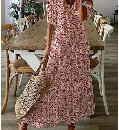 Luna effortless boho A-line dress with V-neckline, lantern sleeves and geometric print