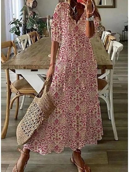 Luna effortless boho A-line dress with V-neckline, lantern sleeves and geometric print
