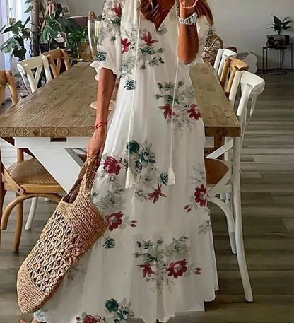 Luna effortless boho A-line dress with V-neckline, lantern sleeves and geometric print
