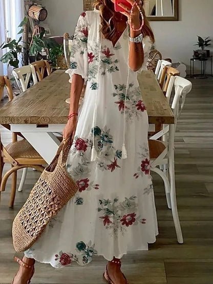 Luna effortless boho A-line dress with V-neckline, lantern sleeves and geometric print