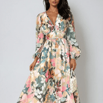 Daliah graceful floral dress with flowing silhouette in green and blue