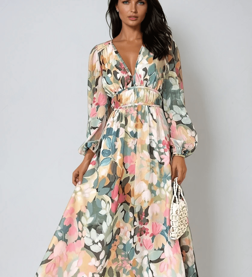 Daliah graceful floral dress with flowing silhouette in green and blue