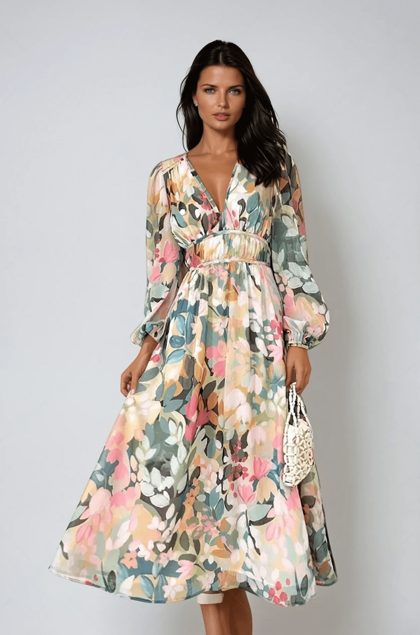Daliah graceful floral dress with flowing silhouette in green and blue